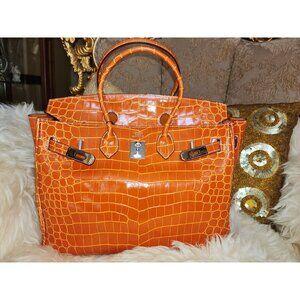 Luxury 35 cm Gorgeous shiny crocodile alligator exotic bag silver hardware Handb
